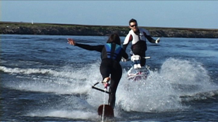 Forbes reporter Kym McNicholas filming from a single ski — a competitive water skier herself, she needed to go hands-free so she could hold the camera